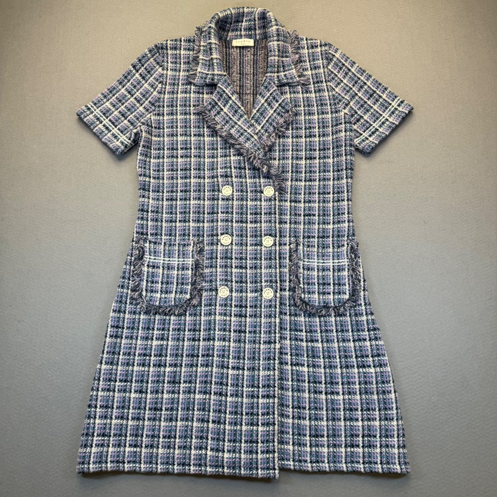 Sandro Paris‎ Blue Purple Plaid Tweed Double Breasted Mini Dress FR 40 US 8